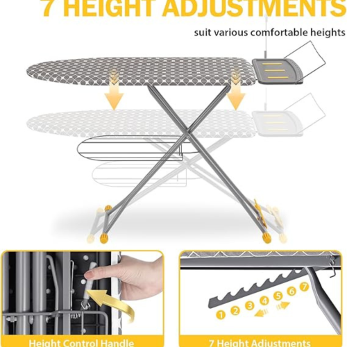 Ironing Board, Compact Iron Board with Iron Rest and Hanger and Silicone Irons Harness, 7 Adjustable Heights & Extra Thick Cover, Folding Heavy Duty