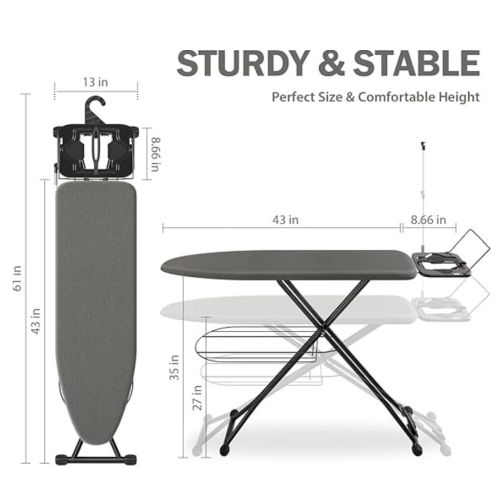 Ironing Board, Compact Iron Board with Iron Rest and Hanger and Silicone Irons Harness, 7 Adjustable Heights & Extra Thick Cover, Folding Heavy Duty