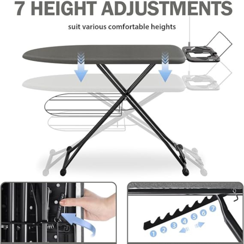 Ironing Board, Compact Iron Board with Iron Rest and Hanger and Silicone Irons Harness, 7 Adjustable Heights & Extra Thick Cover, Folding Heavy Duty