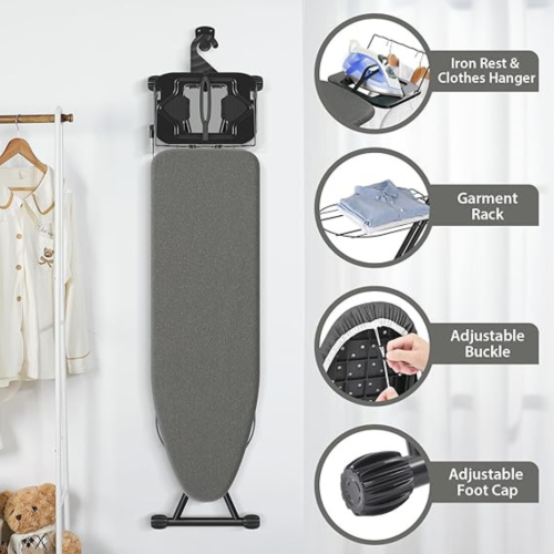 Ironing Board, Compact Iron Board with Iron Rest and Hanger and Silicone Irons Harness, 7 Adjustable Heights & Extra Thick Cover, Folding Heavy Duty