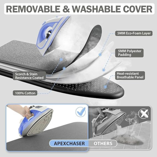 Ironing Board, Compact Iron Board with Iron Rest and Hanger and Silicone Irons Harness, 7 Adjustable Heights & Extra Thick Cover, Folding Heavy Duty