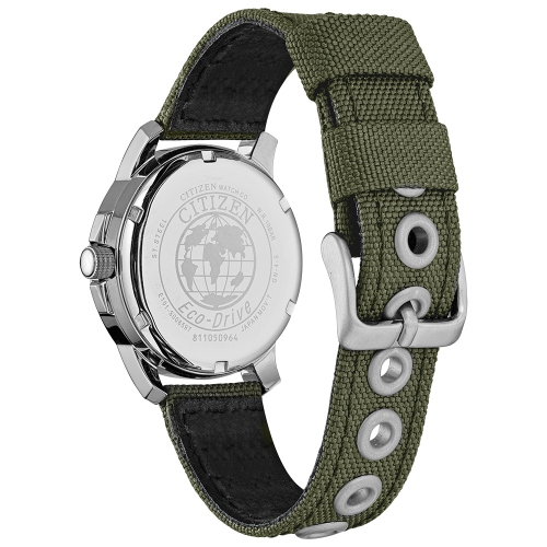 Citizen Mens Garrison Eco-Drive Watch 37mm Silver-Tone Stainless Steel Case Green Nylon Strap with Black Dial