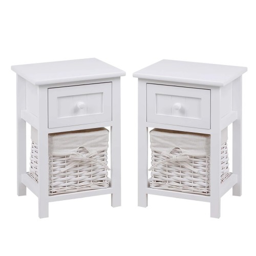Image 1 de 5.. Ensemble de 2 tables de chevet, table de chevet en bois massif avec tiroir et panier en osier pour la maison, salon, chambre à coucher 31 x 28