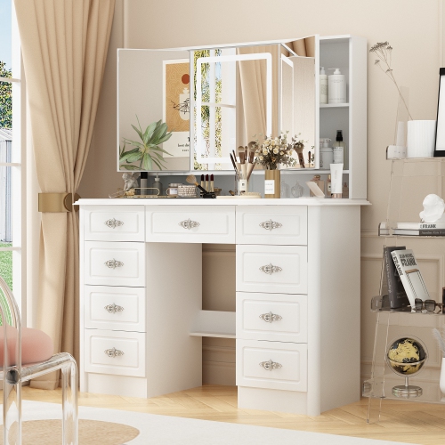 Homsee – Meuble-lavabo avec grand miroir éclairé, table de maquillage à 9 tiroirs et tablettes de rangement pour chambre à coucher, blanc