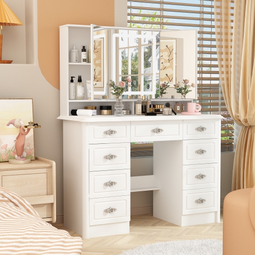 Homsee – Meuble-lavabo avec grand miroir éclairé, table de maquillage à 9 tiroirs et tablettes de rangement pour chambre à coucher, blanc