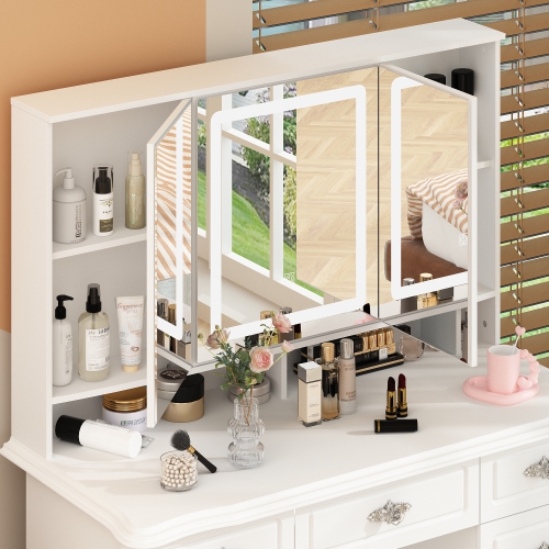 Homsee – Meuble-lavabo avec grand miroir éclairé, table de maquillage à 9 tiroirs et tablettes de rangement pour chambre à coucher, blanc