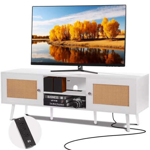 Boho Rattan TV Stand for 65" TVs with Built-in Socket – in White