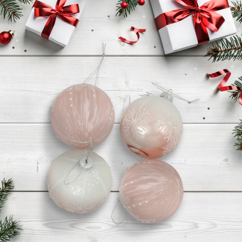 Snowflakes Glass Ball Christmas Ornaments - 3" - Pink and White - 4ct