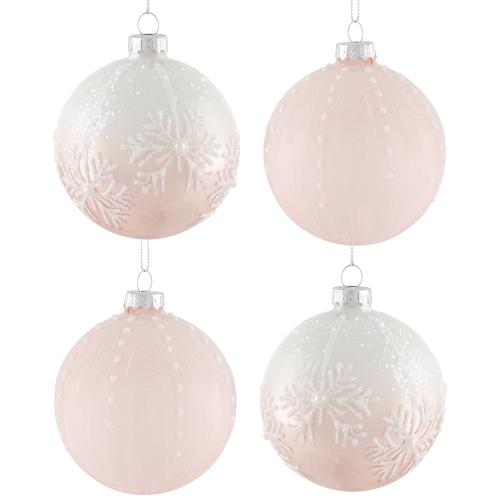 Snowflakes Glass Ball Christmas Ornaments - 3" - Pink and White - 4ct