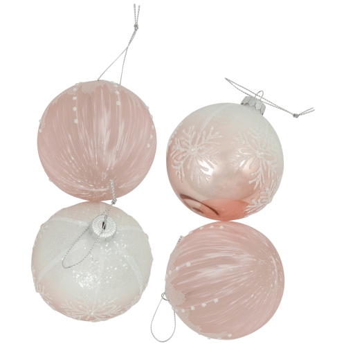 Snowflakes Glass Ball Christmas Ornaments - 3" - Pink and White - 4ct