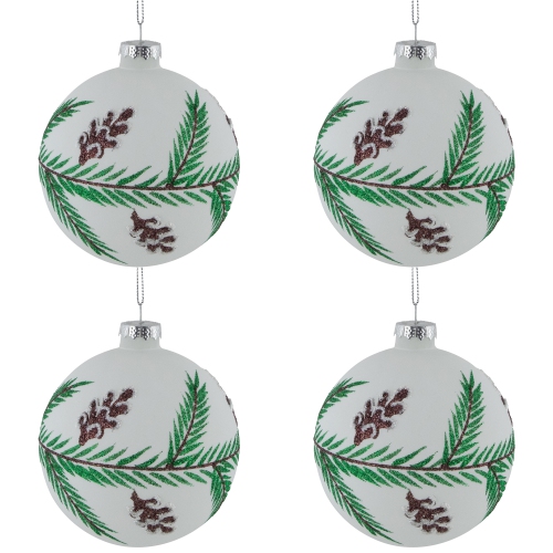Glittered Glass Ball Christmas Ornaments with Pine Cones - 4" - 4ct