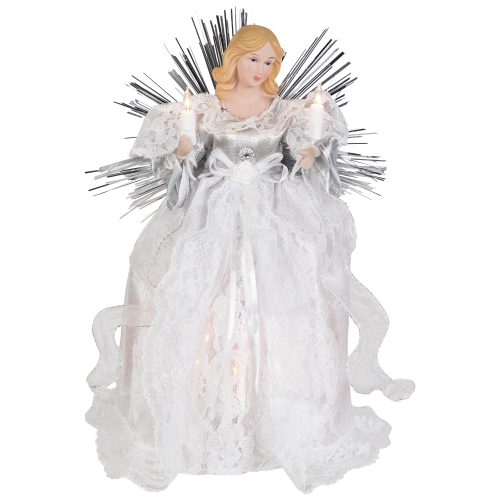 Lighted Angel with Candle Christmas Tree Topper - 10.5" - Silver - Clear Lights