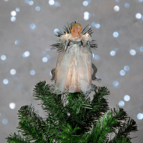 Lighted Angel with Candle Christmas Tree Topper - 10.5" - Silver - Clear Lights