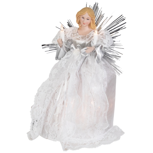 Lighted Angel with Candle Christmas Tree Topper - 10.5" - Silver - Clear Lights