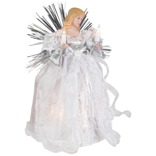Lighted Angel with Candle Christmas Tree Topper - 10.5" - Silver - Clear Lights