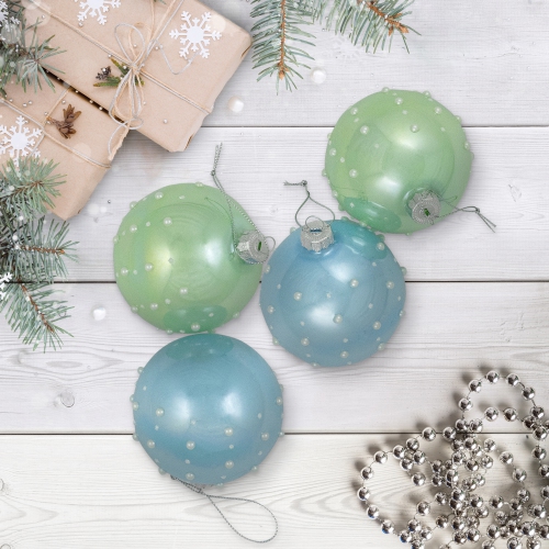 NORTHLIGHT  Shiny Glass Ball Christmas Ornaments With Pearl Drops - 3" (80Mm) - Blue And - 4Ct In Green