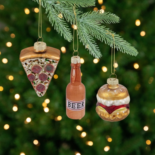 Pizza, Burger and Beer Glass Christmas Ornaments - 3.5" - Set of 3