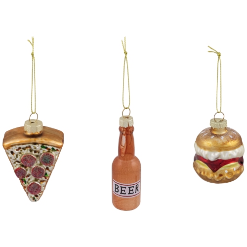 Pizza, Burger and Beer Glass Christmas Ornaments - 3.5" - Set of 3