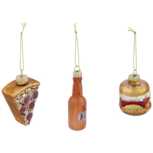 Pizza, Burger and Beer Glass Christmas Ornaments - 3.5" - Set of 3