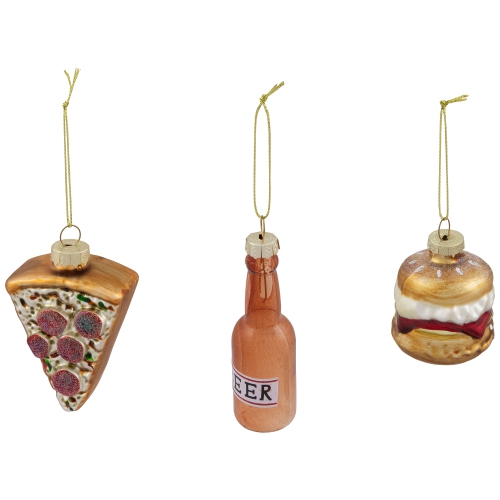 Pizza, Burger and Beer Glass Christmas Ornaments - 3.5" - Set of 3