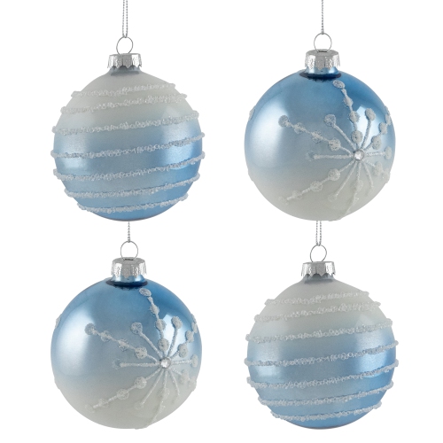 Stripes and Snowflakes Shiny Glass Ball Christmas Ornaments - 3" - Blue and White - 4ct
