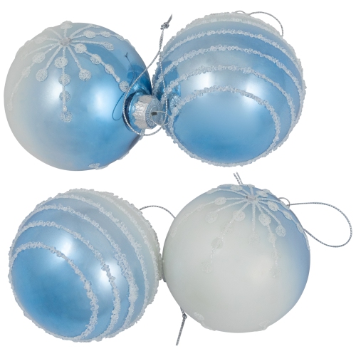 Stripes and Snowflakes Shiny Glass Ball Christmas Ornaments - 3" - Blue and White - 4ct