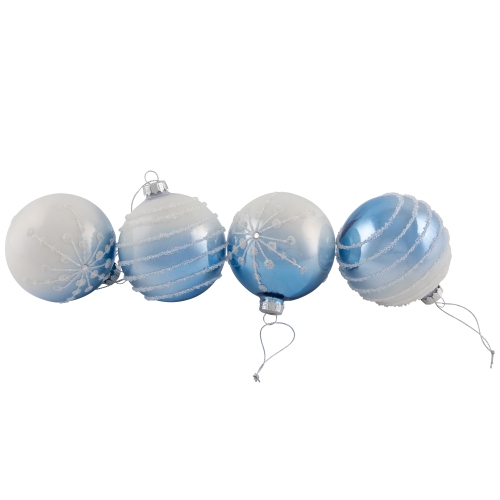 Stripes and Snowflakes Shiny Glass Ball Christmas Ornaments - 3" - Blue and White - 4ct