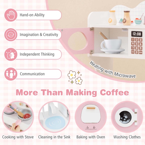 Costway Wooden Kids Kitchen Playset Pretend Play Kitchen with Coffee Maker & Microwave