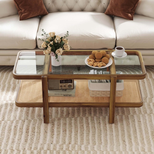 Costway 2-Tier Rustic Coffee Table with Storage Tempered Glass Tabletop PE Rattan Shelf