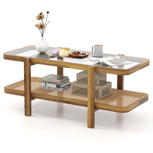 Costway 2-Tier Rustic Coffee Table with Storage Tempered Glass Tabletop PE Rattan Shelf