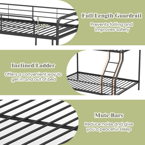Costway Twin over Full Metal Bunk Bed with Inclined Ladder Safety Guardrail, Slat Support