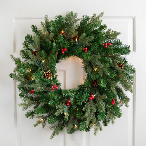 NORTHLIGHT  Real Touch Pre-Lit Mixed Noble Spruce Wreath - 24" - Clear Lights