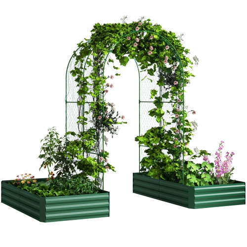 Outsunny Raised Garden Bed with Arch Trellis for Climbing Plants, Flowers, Herbs, Vegetables, Galvanized Raised Bed Kit Outdoor Garden Box with Trell