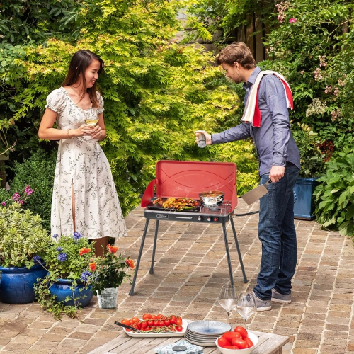 Costway 2-in-1 Propane Grill 2 Burner Camping Gas Stove Portable with Removable Leg Red