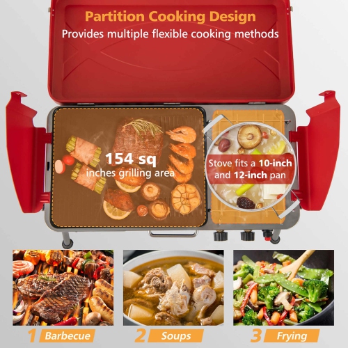Costway 2-in-1 Propane Grill 2 Burner Camping Gas Stove Portable with Removable Leg Red