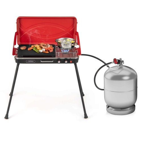 Costway 2-in-1 Propane Grill 2 Burner Camping Gas Stove Portable with Removable Leg Red
