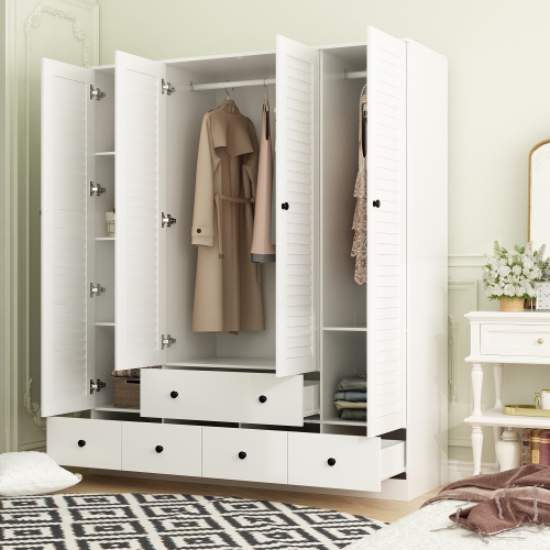 Homsee Modern 4-Door Wardrobe with Adjustable Shelves and Multiple Drawers, White