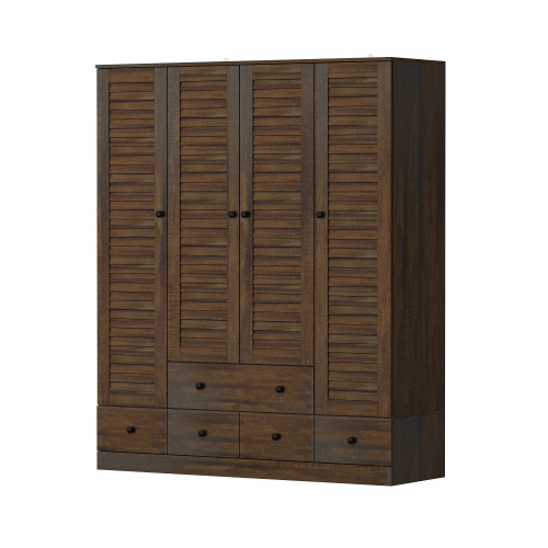 Homsee Modern 4-Door Wardrobe with Adjustable Shelves and Multiple Drawers, Dark Brown