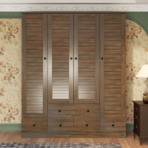 Homsee Modern 4-Door Wardrobe with Adjustable Shelves and Multiple Drawers, Dark Brown