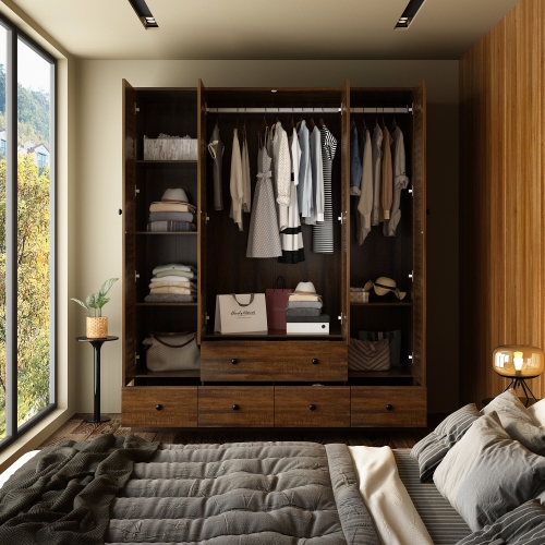 Homsee Modern 4-Door Wardrobe with Adjustable Shelves and Multiple Drawers, Dark Brown