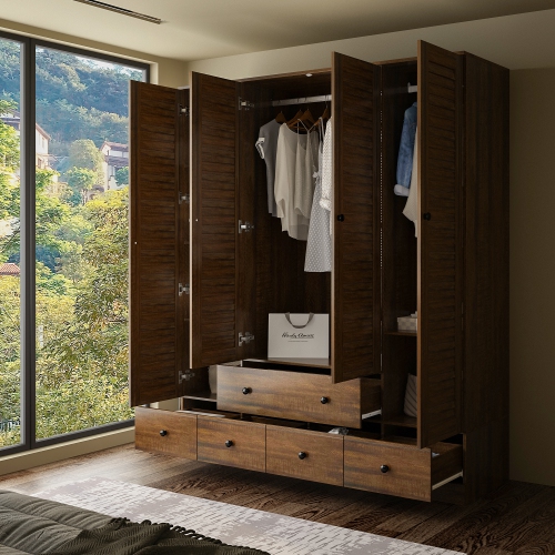 Homsee Modern 4-Door Wardrobe with Adjustable Shelves and Multiple Drawers, Dark Brown
