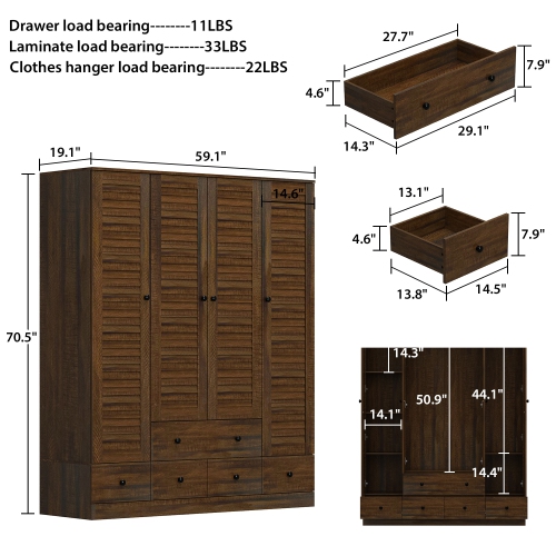 Homsee Modern 4-Door Wardrobe with Adjustable Shelves and Multiple Drawers, Dark Brown