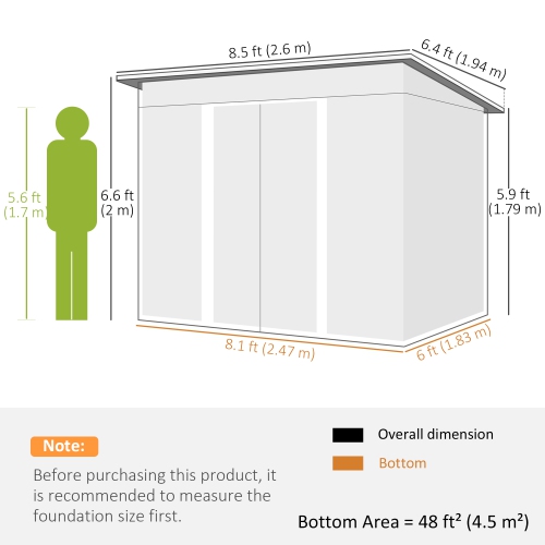 Outsunny 8.5' x 6' Garden Storage Shed with Skylight, Metal Outdoor Shed Tool House with Double Doors for Patio Yard, Dark Grey