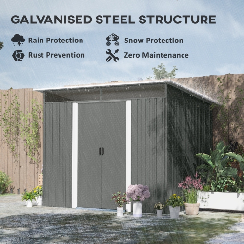 Outsunny 8.5' x 6' Garden Storage Shed with Skylight, Metal Outdoor Shed Tool House with Double Doors for Patio Yard, Dark Grey