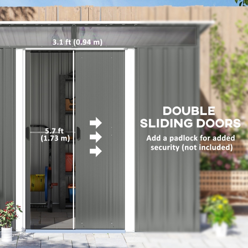 Outsunny 8.5' x 6' Garden Storage Shed with Skylight, Metal Outdoor Shed Tool House with Double Doors for Patio Yard, Dark Grey