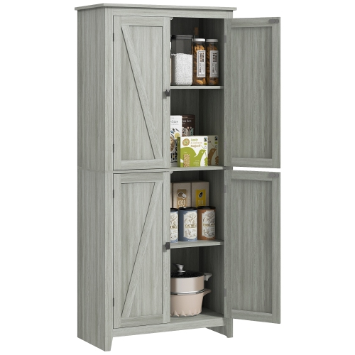 HOMCOM 72" Farmhouse Kitchen Pantry Cabinet, Buffet Storage Cabinet with 4 Barn Doors and Adjustable Shelves, Grey