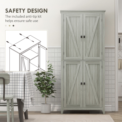 HOMCOM 72" Farmhouse Kitchen Pantry Cabinet, Buffet Storage Cabinet with 4 Barn Doors and Adjustable Shelves, Grey