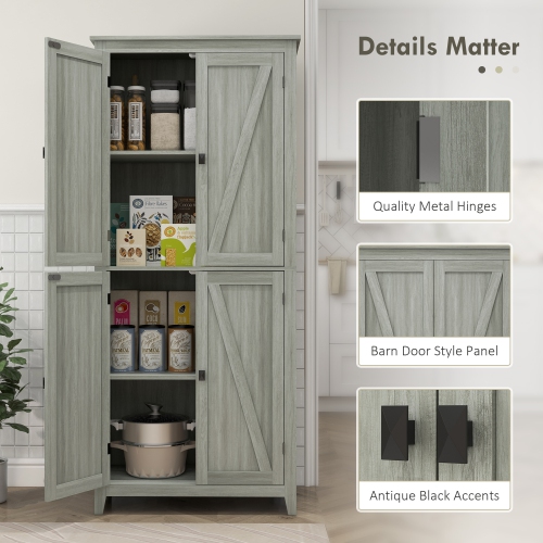 HOMCOM 72" Farmhouse Kitchen Pantry Cabinet, Buffet Storage Cabinet with 4 Barn Doors and Adjustable Shelves, Grey