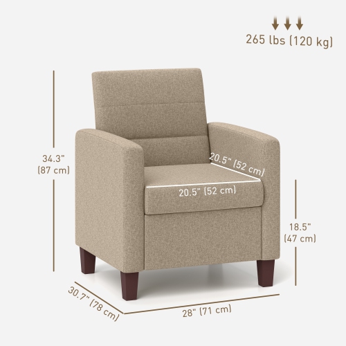 HOMCOM – Fauteuil d'appoint moderne en tissu avec coussin de siège et coussins antidérapants pour le salon, la chambre à coucher, brun clair