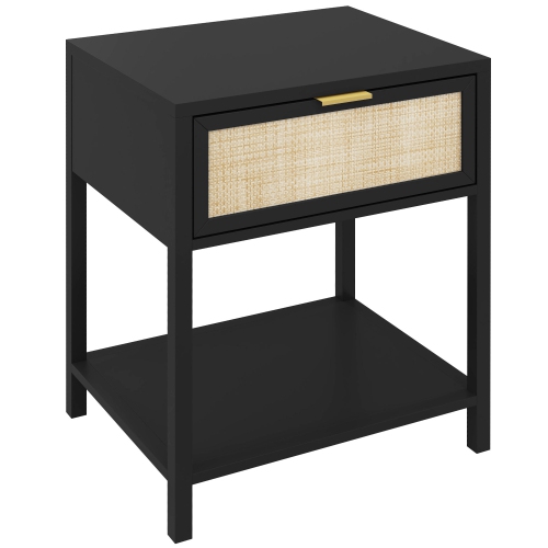 HOMCOM  Bedside Table, Boho Nightstand With Drawer, Open Shelf And Rattan Element, Small Side Table for Bedroom In Black